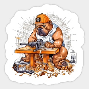 A Carpenter English Bulldog with a saw and sandpaper, carving a wooden sculpture of itself Sticker